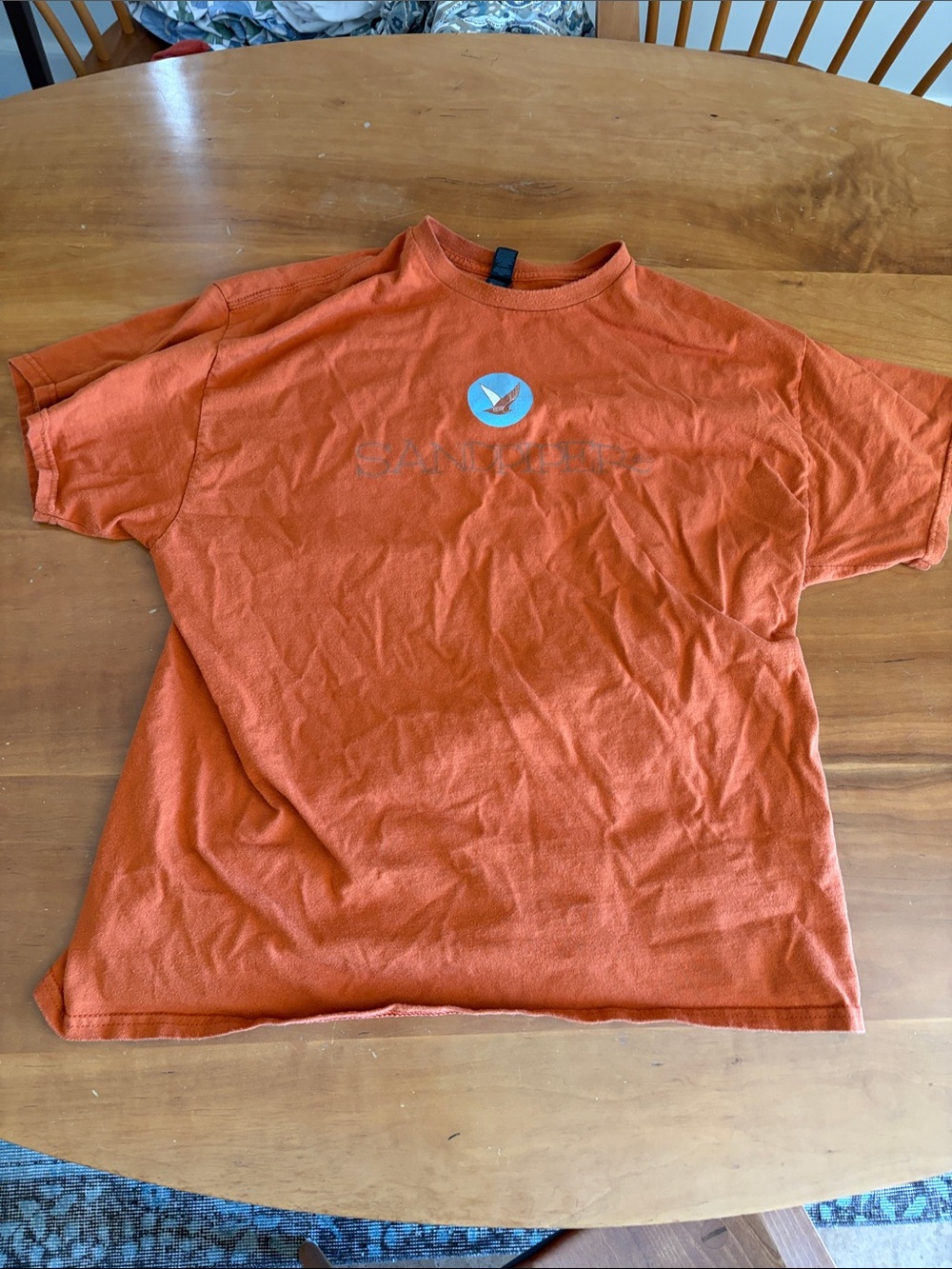 Gildan Men's Orange T-shirt, size XL, Sandpiper graphic. 100% cotton.